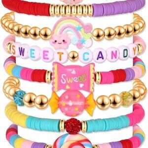 Candy Heishi Clay Bracelets Set Stackable Lollipop Donut Halloween Party Jewelry